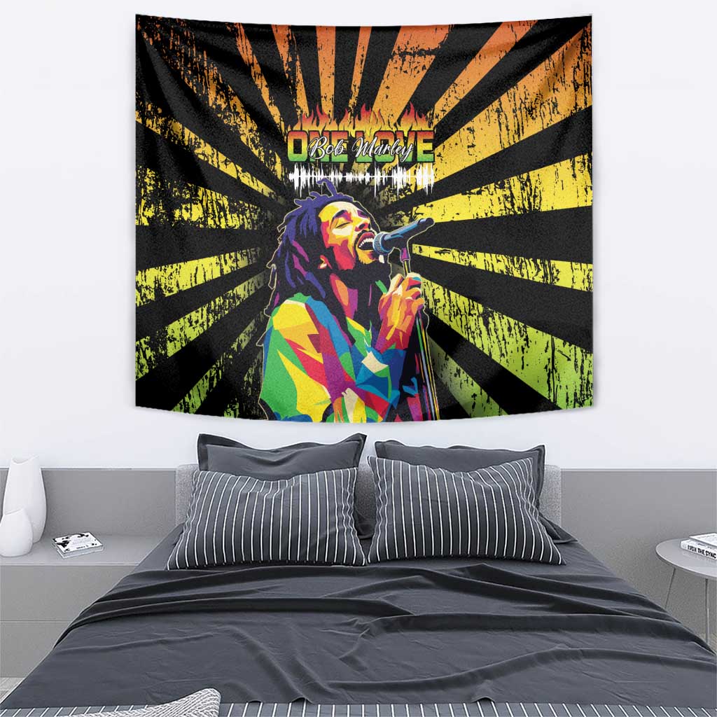 Rectangular tapestry showing black sunburst rays, yellow grunge speckles, and singer portrait