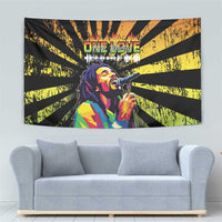 Black reggae tapestry with grunge yellow rays and colorful singer holding a microphone