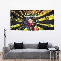 Black rectangular tapestry featuring singer portrait, bright yellow rays, and distressed grunge texture