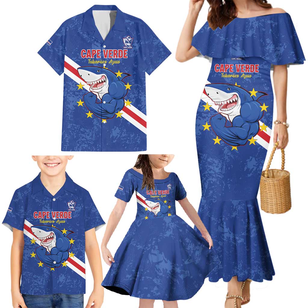 Custom Cape Verde Football Family Matching Mermaid Dress and Hawaiian Shirt Go Blue Sharks