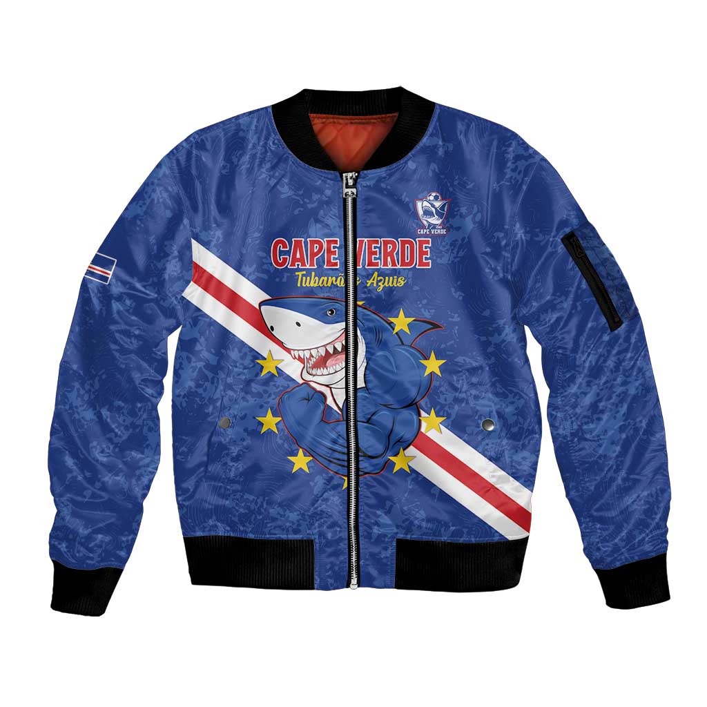 Custom Cape Verde Football Sleeve Zip Bomber Jacket Go Blue Sharks