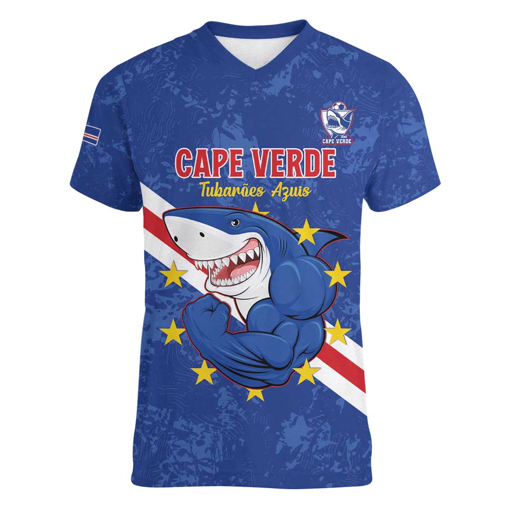 Custom Cape Verde Football Women V-Neck T-Shirt Go Blue Sharks