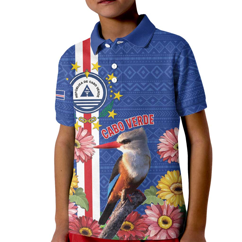 Personalised Cape Verde Kid Polo Shirt Grey-Headed Kingfisher Mix Gerbera Daisy