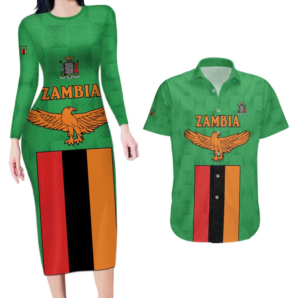 Personalised Zambia Couples Matching Long Sleeve Bodycon Dress and Hawaiian Shirt Flag Style Mix Kente Pattern