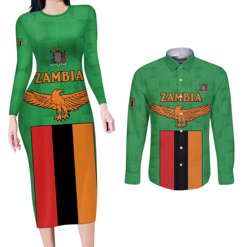 Personalised Zambia Couples Matching Long Sleeve Bodycon Dress and Long Sleeve Button Shirt Flag Style Mix Kente Pattern