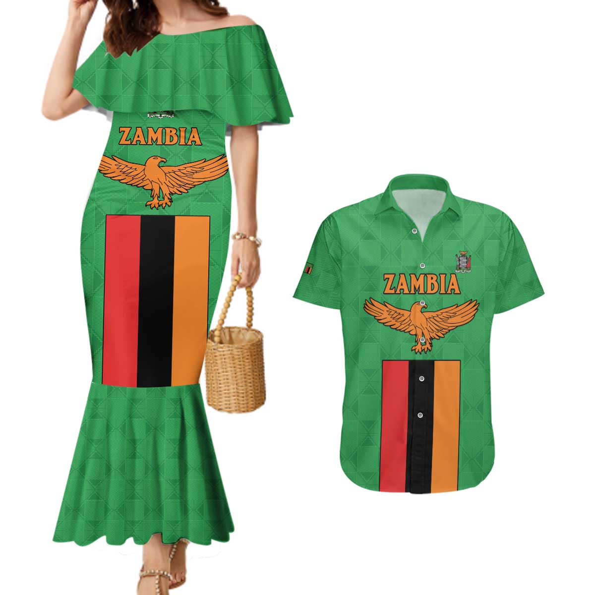 Personalised Zambia Couples Matching Mermaid Dress and Hawaiian Shirt Flag Style Mix Kente Pattern