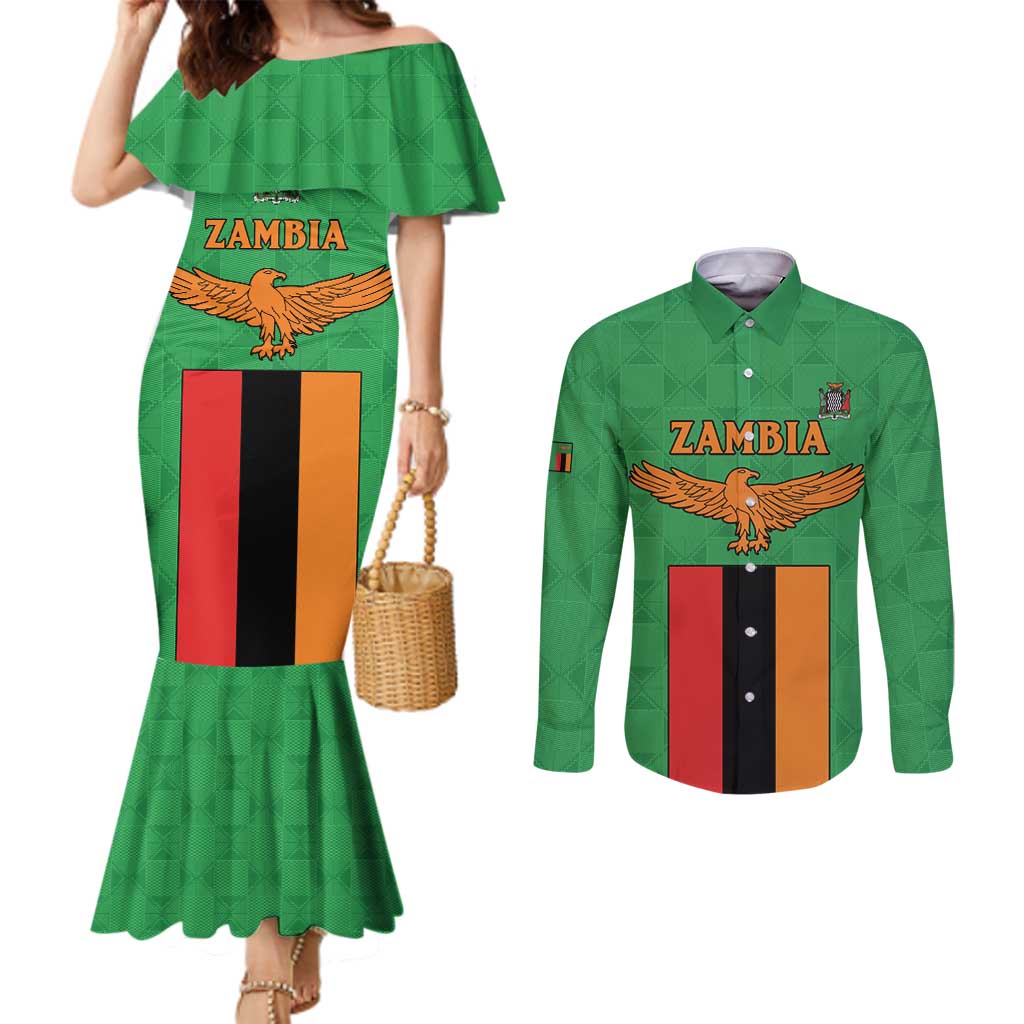 Personalised Zambia Couples Matching Mermaid Dress and Long Sleeve Button Shirt Flag Style Mix Kente Pattern