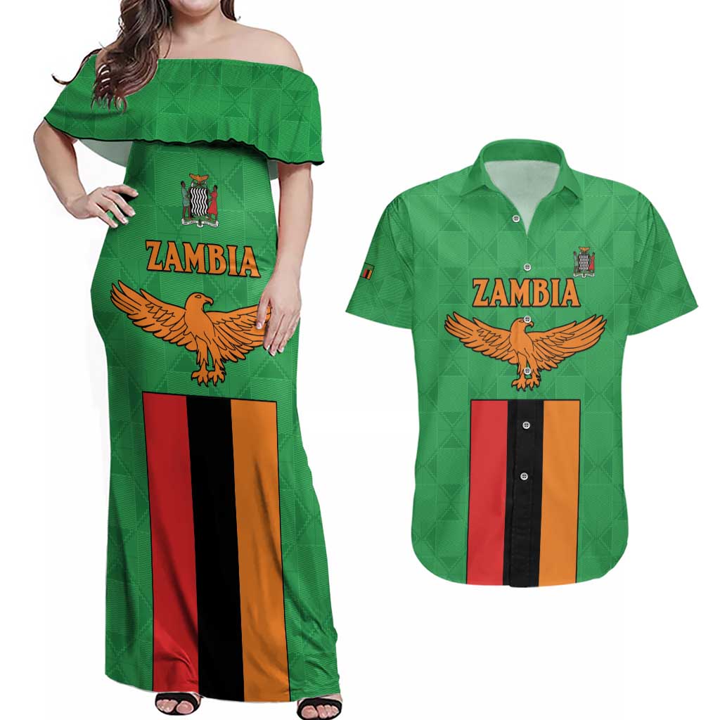 Personalised Zambia Couples Matching Off Shoulder Maxi Dress and Hawaiian Shirt Flag Style Mix Kente Pattern