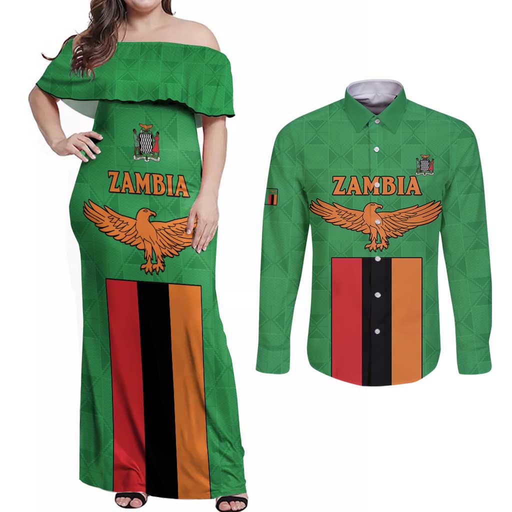 Personalised Zambia Couples Matching Off Shoulder Maxi Dress and Long Sleeve Button Shirt Flag Style Mix Kente Pattern