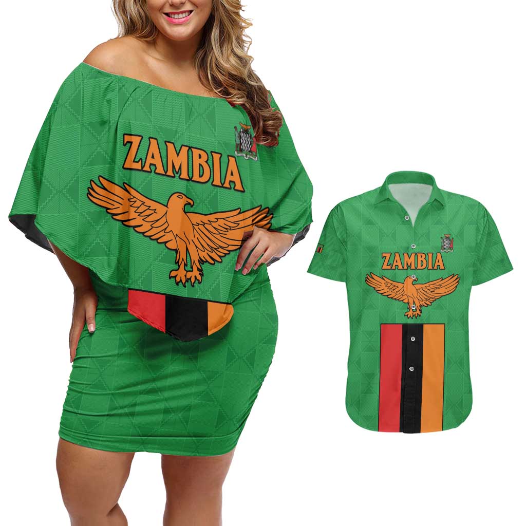 Personalised Zambia Couples Matching Off Shoulder Short Dress and Hawaiian Shirt Flag Style Mix Kente Pattern