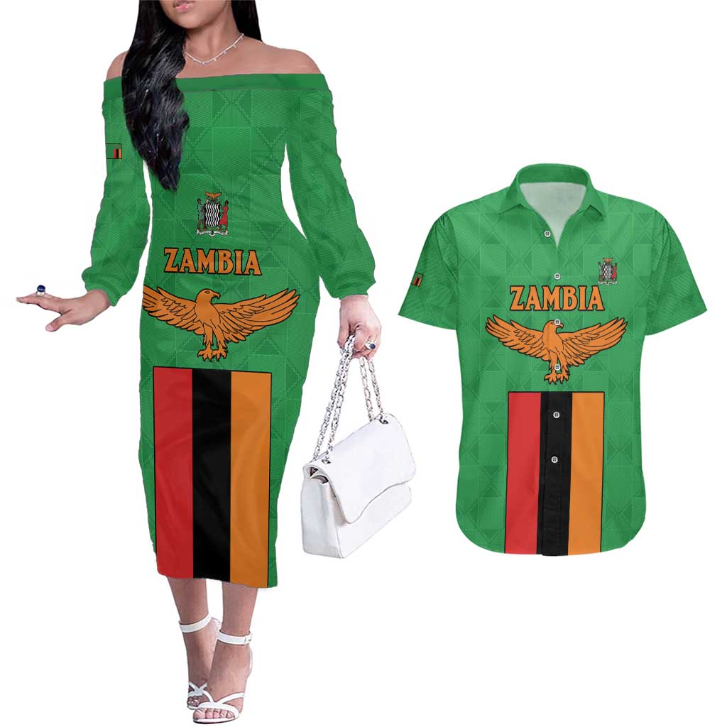 Personalised Zambia Couples Matching Off The Shoulder Long Sleeve Dress and Hawaiian Shirt Flag Style Mix Kente Pattern