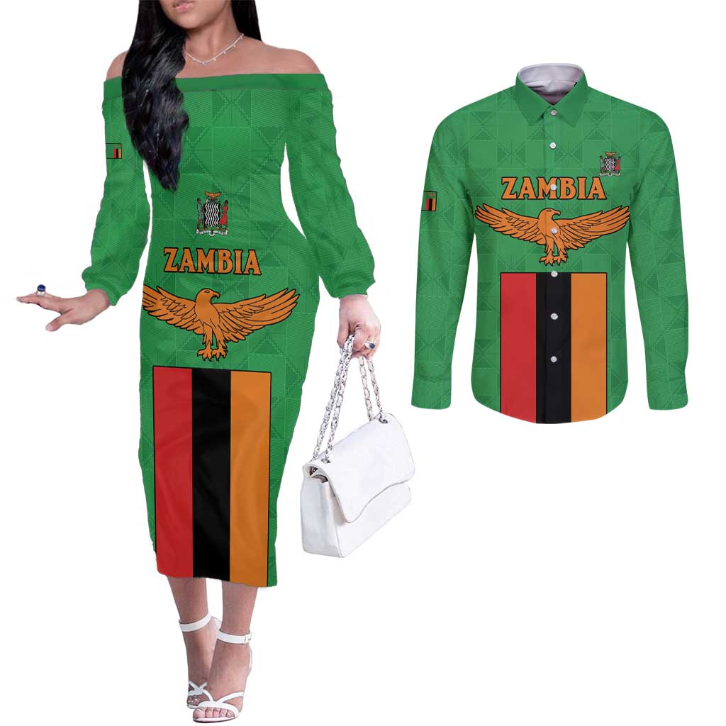 Personalised Zambia Couples Matching Off The Shoulder Long Sleeve Dress and Long Sleeve Button Shirt Flag Style Mix Kente Pattern