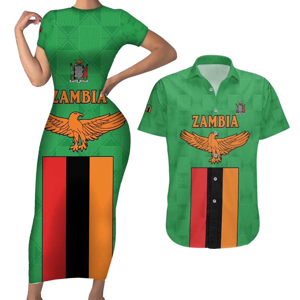 Personalised Zambia Couples Matching Short Sleeve Bodycon Dress and Hawaiian Shirt Flag Style Mix Kente Pattern