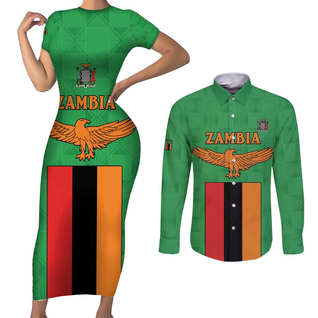 Personalised Zambia Couples Matching Short Sleeve Bodycon Dress and Long Sleeve Button Shirt Flag Style Mix Kente Pattern