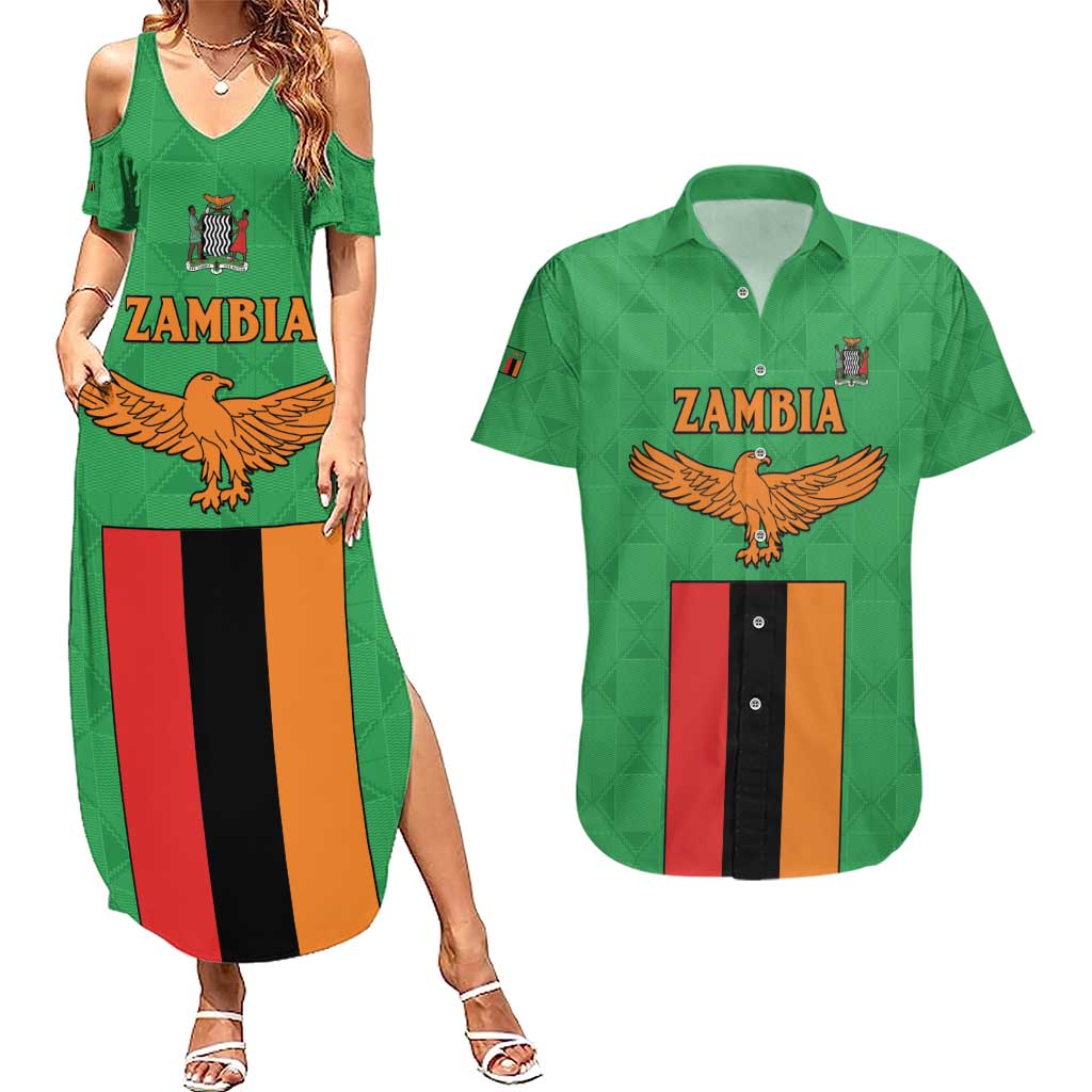 Personalised Zambia Couples Matching Summer Maxi Dress and Hawaiian Shirt Flag Style Mix Kente Pattern