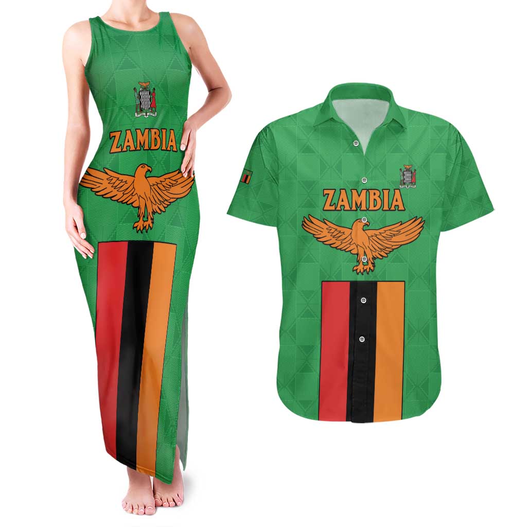 Personalised Zambia Couples Matching Tank Maxi Dress and Hawaiian Shirt Flag Style Mix Kente Pattern