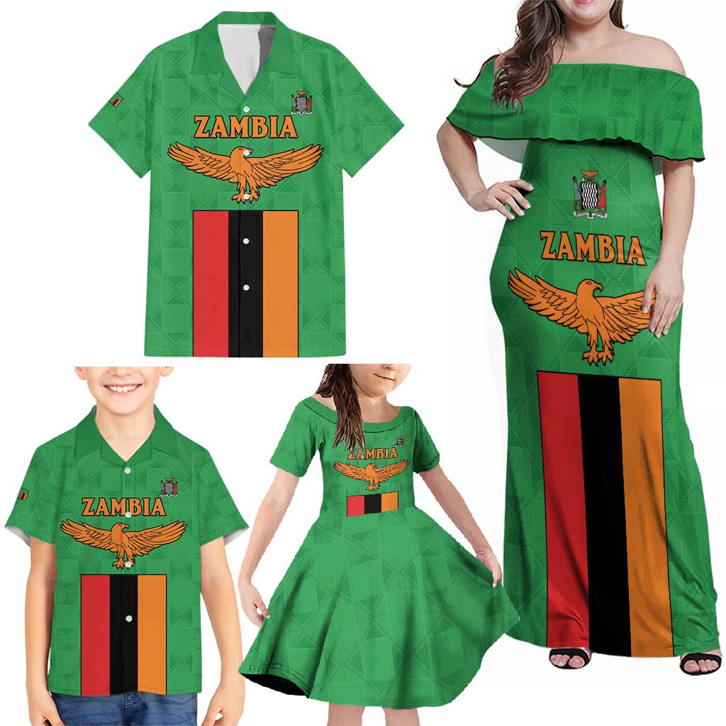 Personalised Zambia Family Matching Off Shoulder Maxi Dress and Hawaiian Shirt Flag Style Mix Kente Pattern