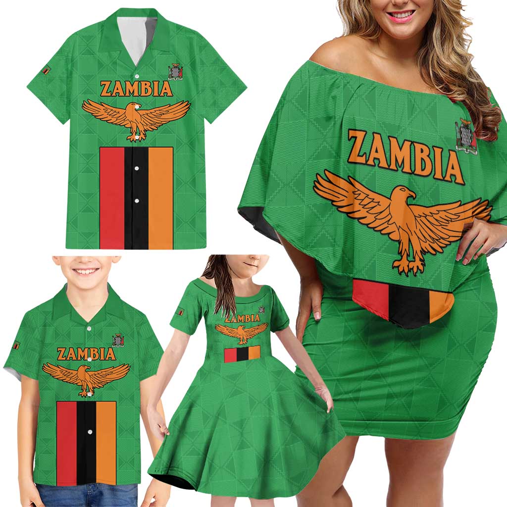 Personalised Zambia Family Matching Off Shoulder Short Dress and Hawaiian Shirt Flag Style Mix Kente Pattern