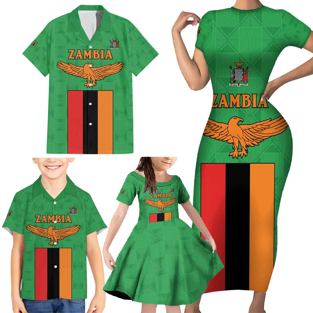 Personalised Zambia Family Matching Short Sleeve Bodycon Dress and Hawaiian Shirt Flag Style Mix Kente Pattern