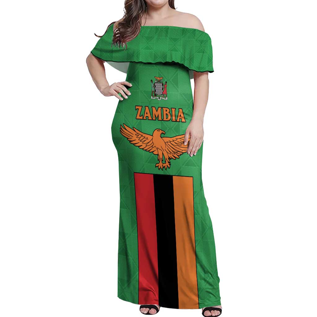 Personalised Zambia Off Shoulder Maxi Dress Flag Style Mix Kente Pattern