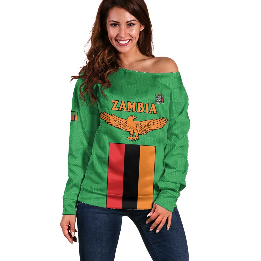 Personalised Zambia Off Shoulder Sweater Flag Style Mix Kente Pattern