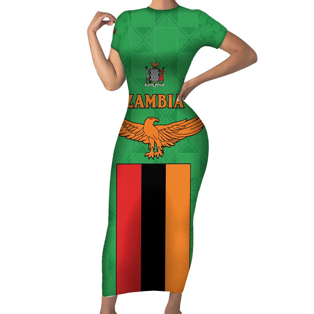 Personalised Zambia Short Sleeve Bodycon Dress Flag Style Mix Kente Pattern