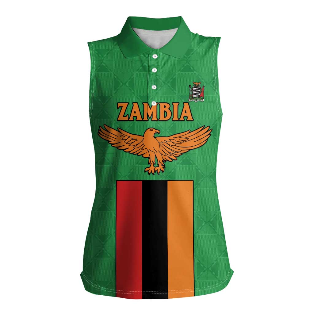 Personalised Zambia Women Sleeveless Polo Shirt Flag Style Mix Kente Pattern