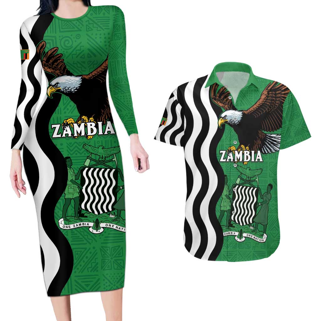 Zambia Couples Matching Long Sleeve Bodycon Dress and Hawaiian Shirt One Zambia One Nation