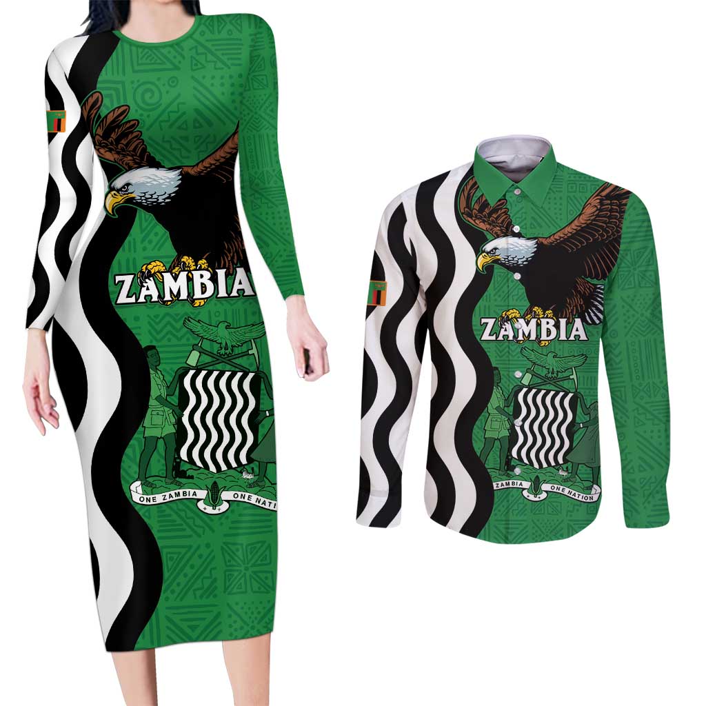 Zambia Couples Matching Long Sleeve Bodycon Dress and Long Sleeve Button Shirt One Zambia One Nation