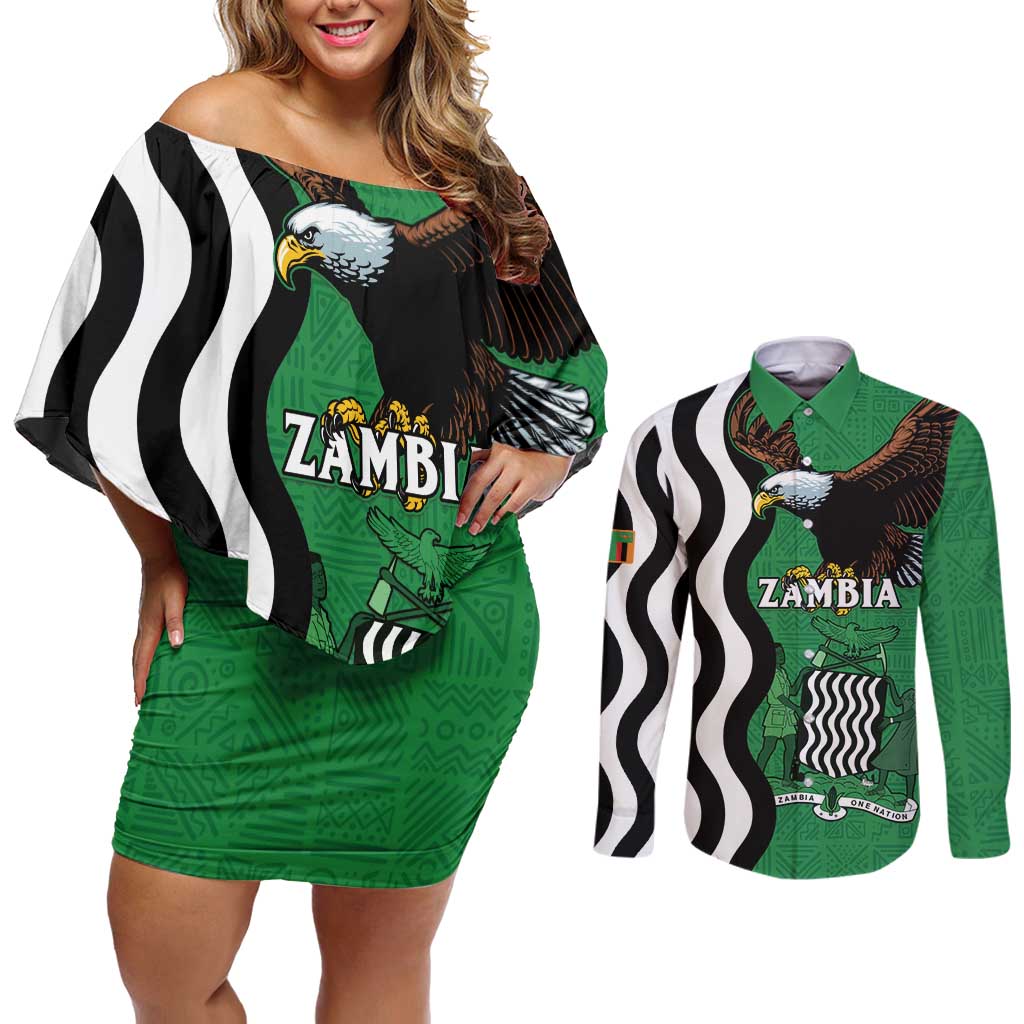 Zambia Couples Matching Off Shoulder Short Dress and Long Sleeve Button Shirt One Zambia One Nation