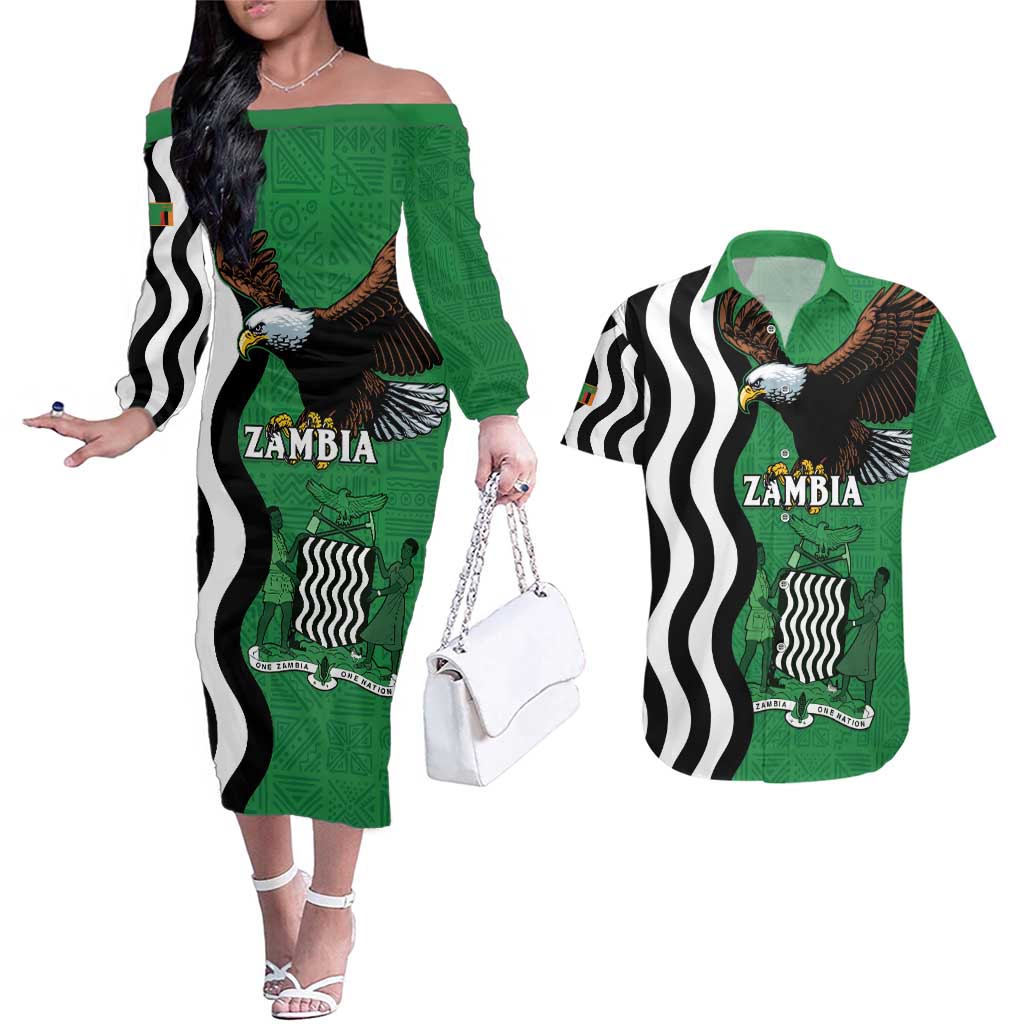 Zambia Couples Matching Off The Shoulder Long Sleeve Dress and Hawaiian Shirt One Zambia One Nation