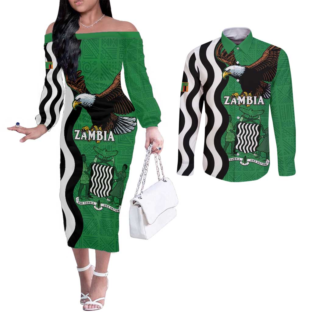 Zambia Couples Matching Off The Shoulder Long Sleeve Dress and Long Sleeve Button Shirt One Zambia One Nation