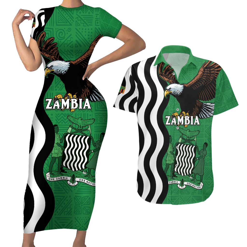 Zambia Couples Matching Short Sleeve Bodycon Dress and Hawaiian Shirt One Zambia One Nation