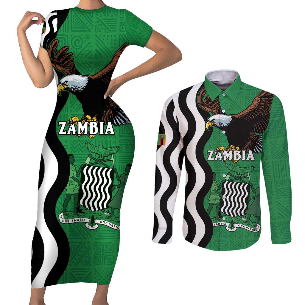 Zambia Couples Matching Short Sleeve Bodycon Dress and Long Sleeve Button Shirt One Zambia One Nation