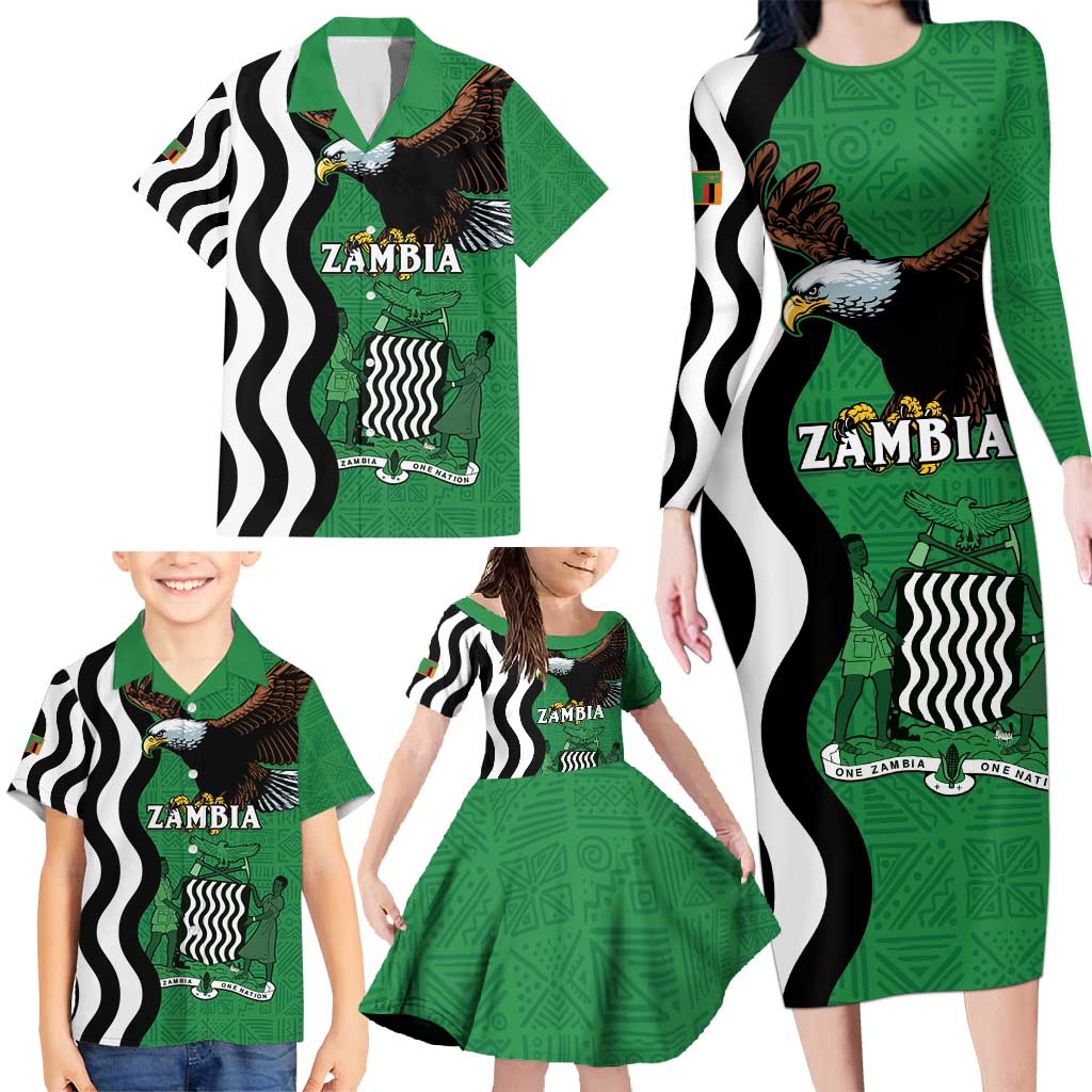 Zambia Family Matching Long Sleeve Bodycon Dress and Hawaiian Shirt One Zambia One Nation