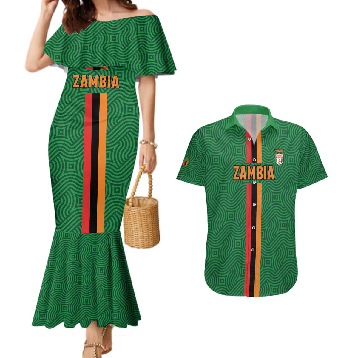 Custom Zambia Football Couples Matching Mermaid Dress and Hawaiian Shirt Go Copper Bullets