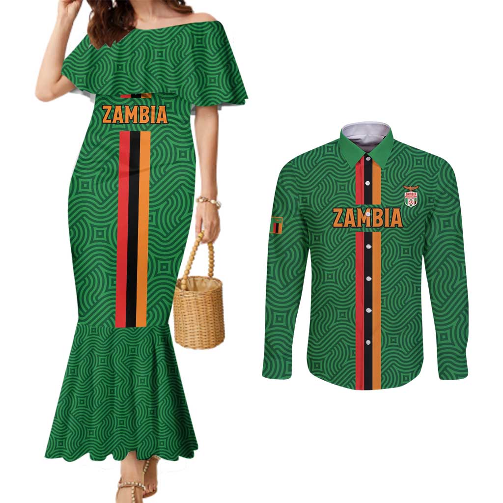 Custom Zambia Football Couples Matching Mermaid Dress and Long Sleeve Button Shirt Go Copper Bullets