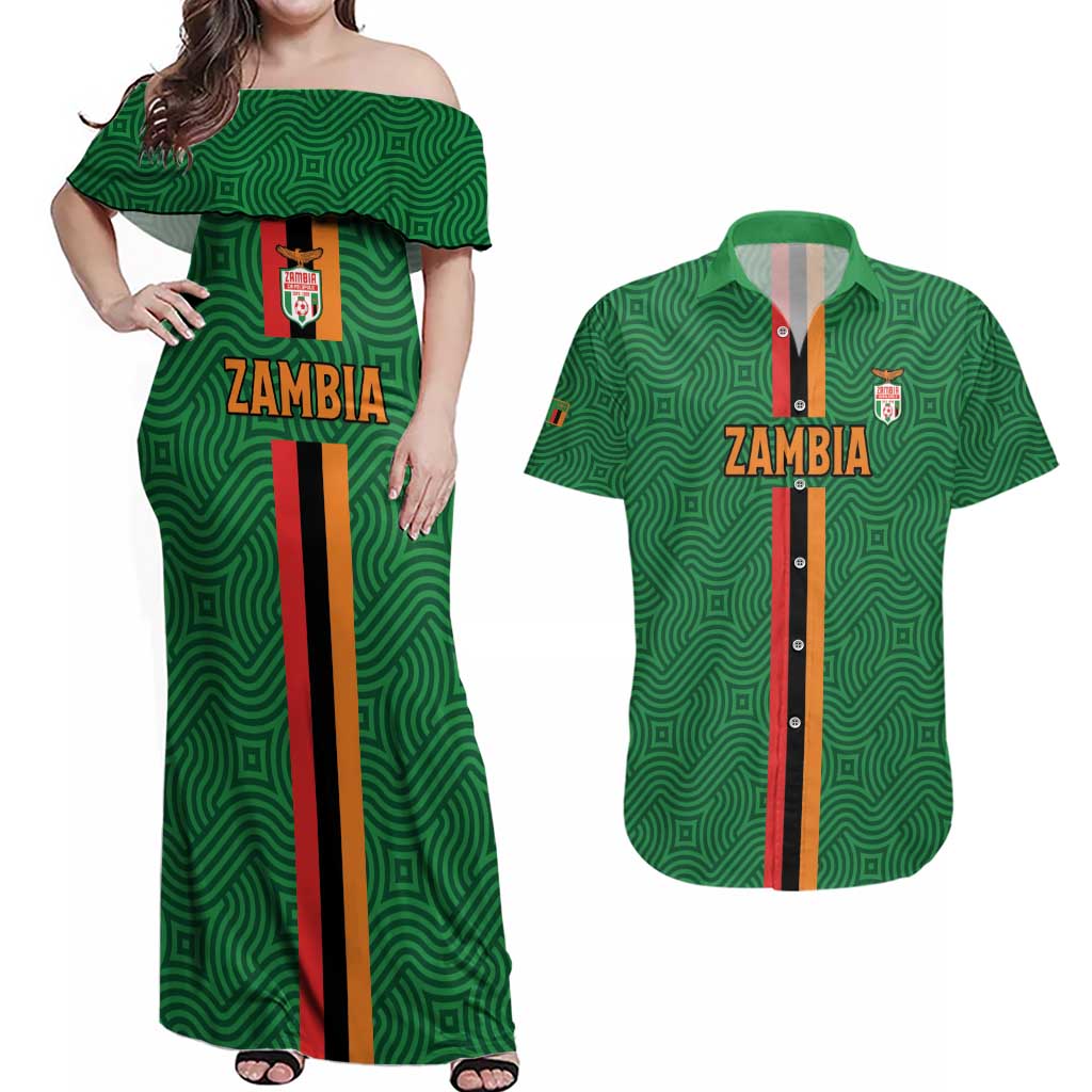 Custom Zambia Football Couples Matching Off Shoulder Maxi Dress and Hawaiian Shirt Go Copper Bullets