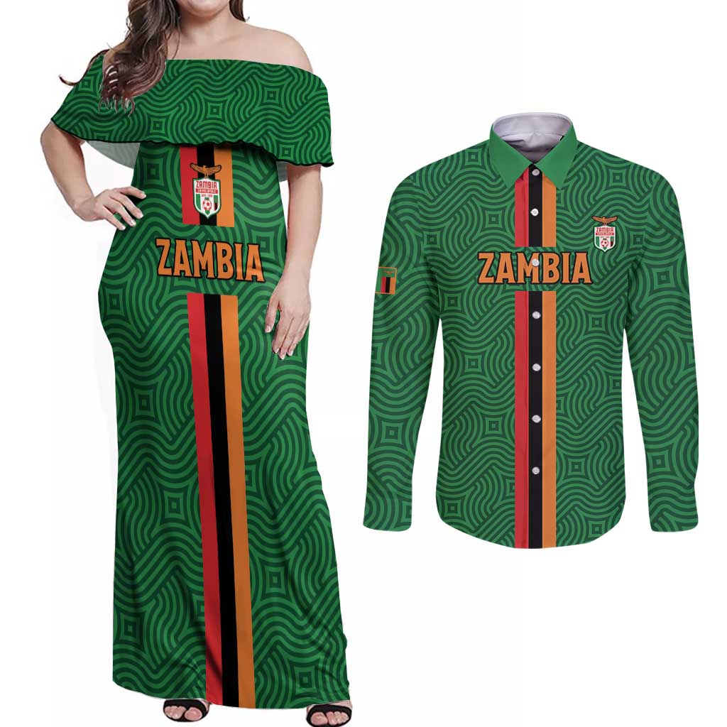 Custom Zambia Football Couples Matching Off Shoulder Maxi Dress and Long Sleeve Button Shirt Go Copper Bullets