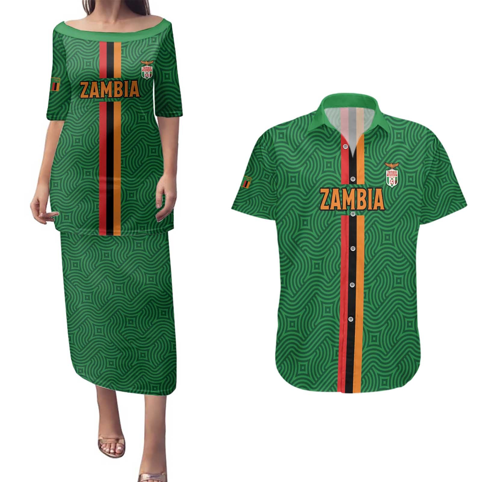 Custom Zambia Football Couples Matching Puletasi and Hawaiian Shirt Go Copper Bullets