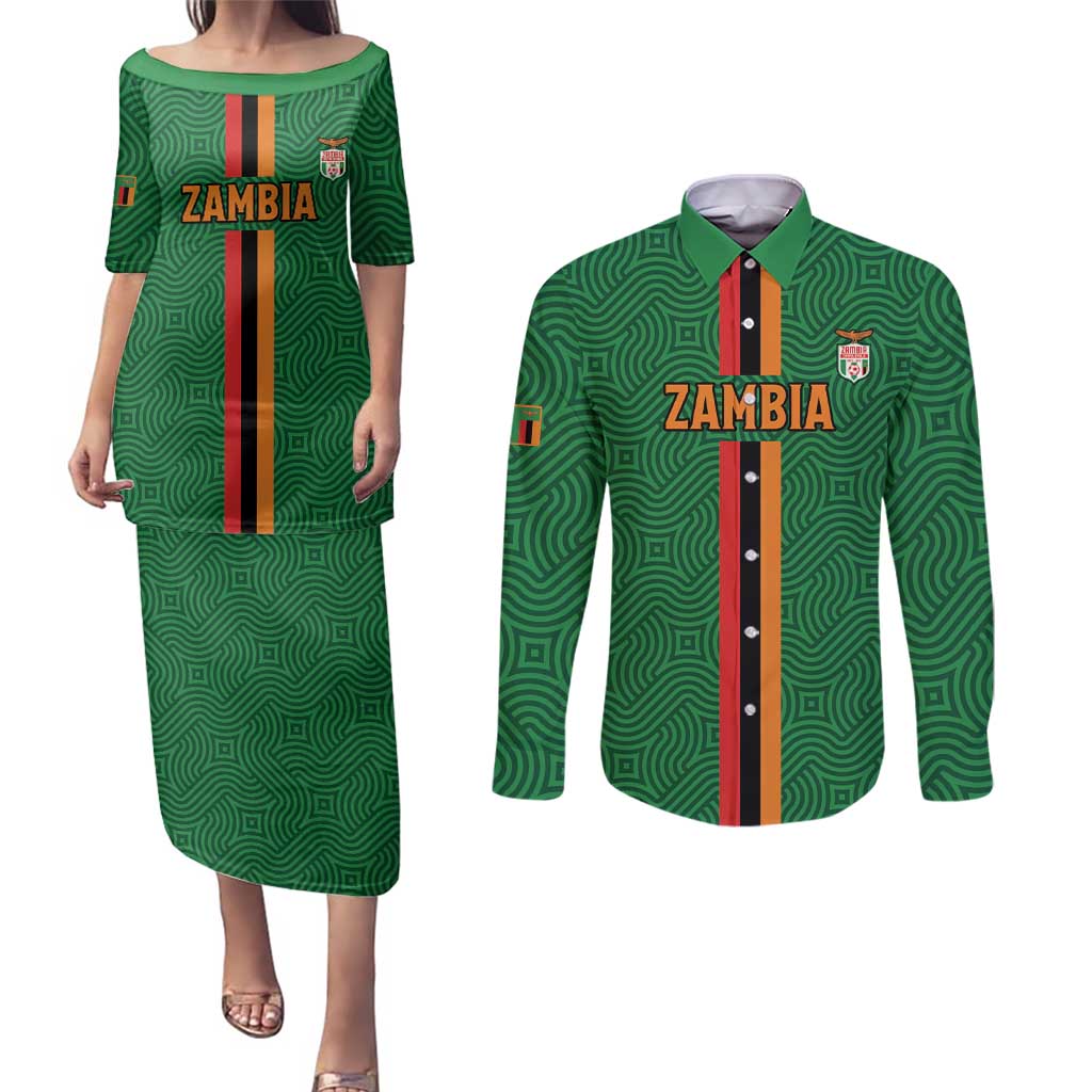 Custom Zambia Football Couples Matching Puletasi and Long Sleeve Button Shirt Go Copper Bullets