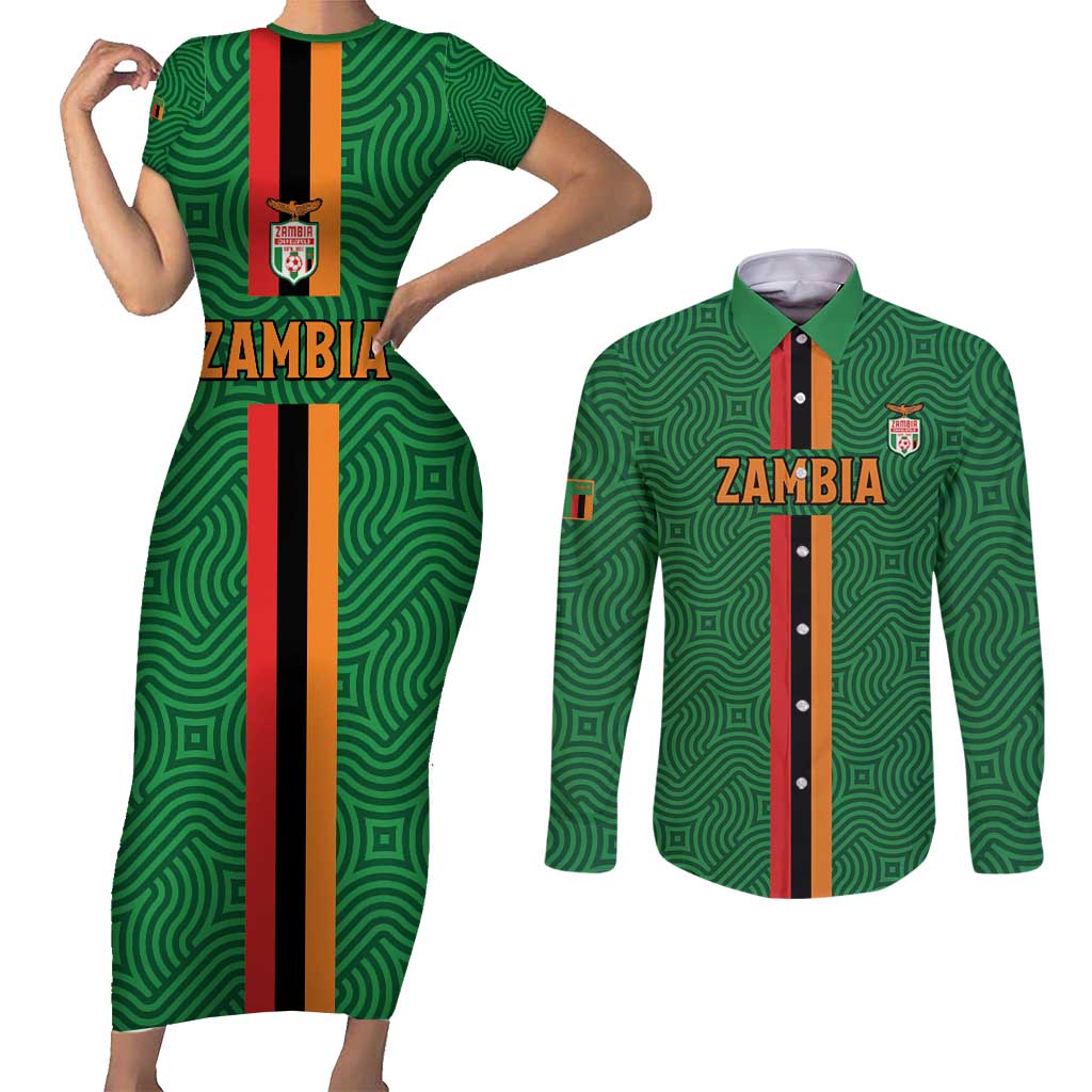 Custom Zambia Football Couples Matching Short Sleeve Bodycon Dress and Long Sleeve Button Shirt Go Copper Bullets