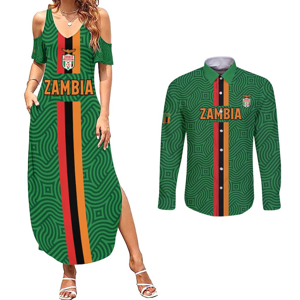 Custom Zambia Football Couples Matching Summer Maxi Dress and Long Sleeve Button Shirt Go Copper Bullets