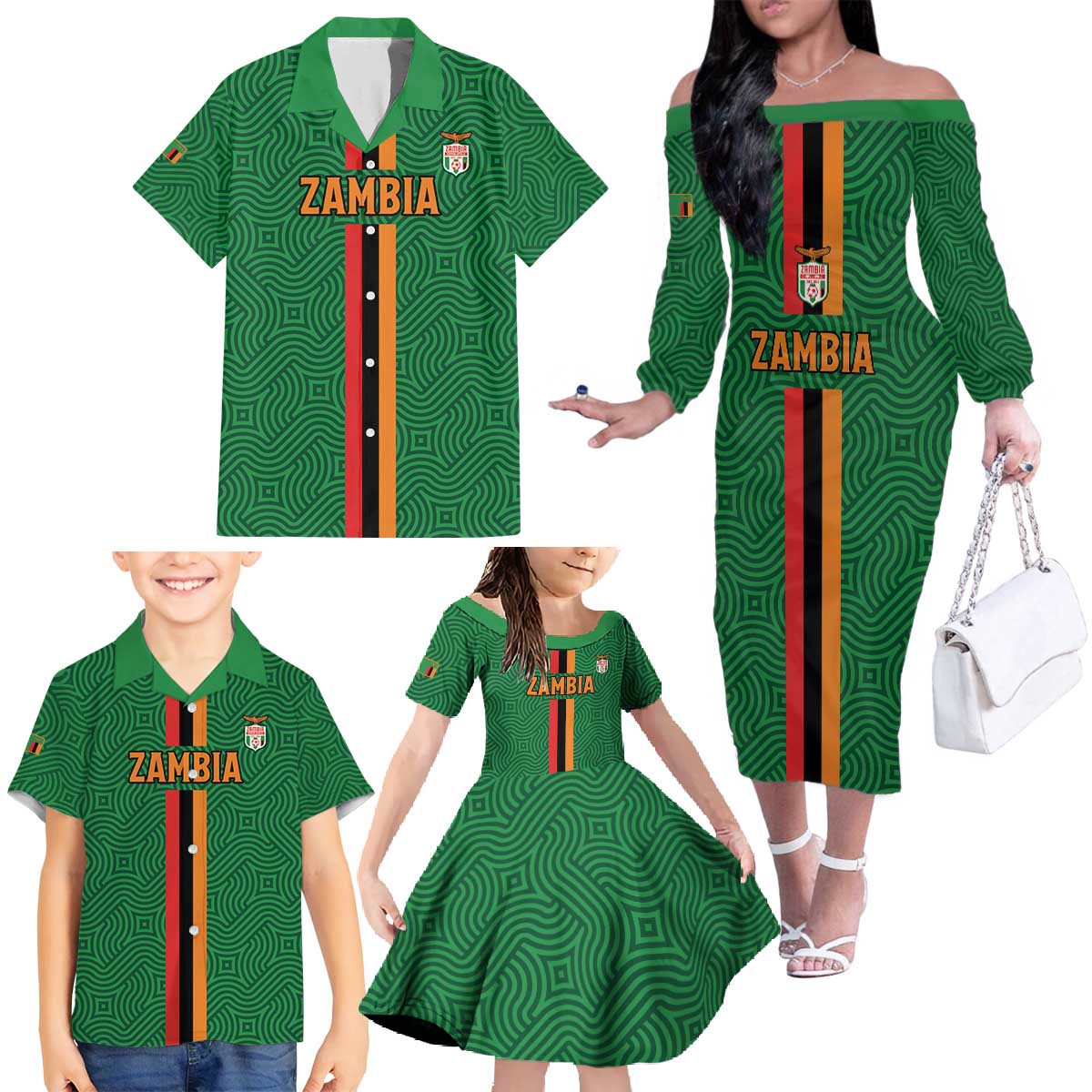 Custom Zambia Football Family Matching Off The Shoulder Long Sleeve Dress and Hawaiian Shirt Go Copper Bullets