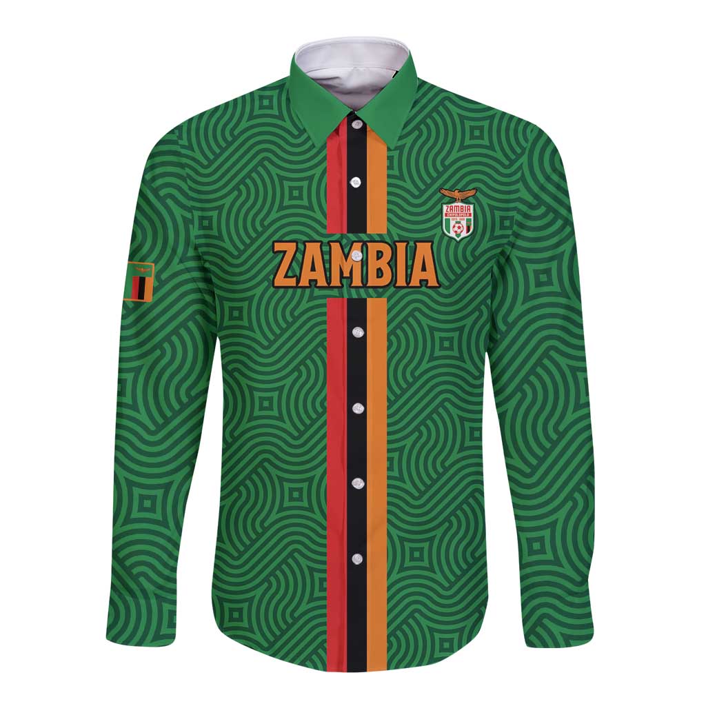 Custom Zambia Football Long Sleeve Button Shirt Go Copper Bullets