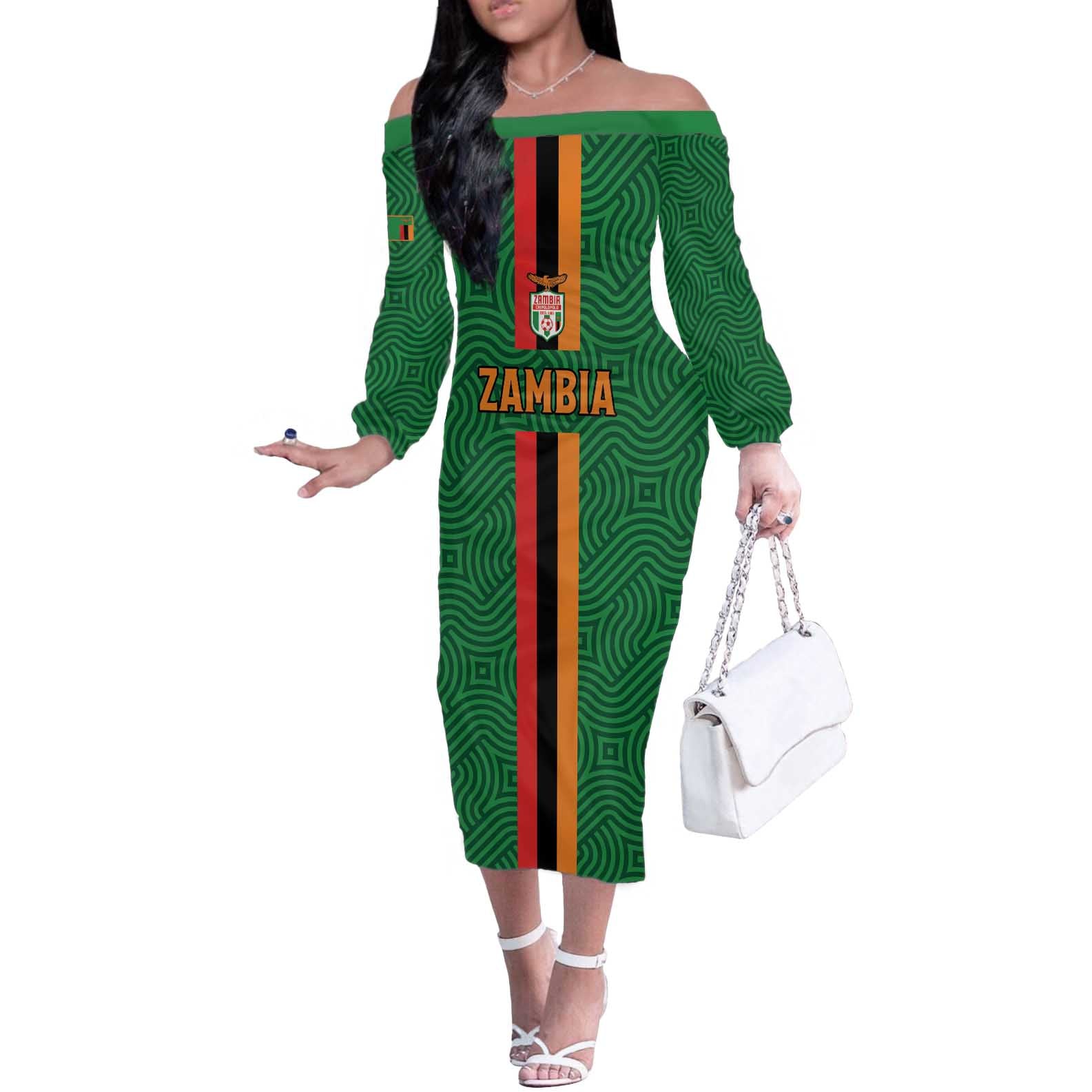 Custom Zambia Football Off The Shoulder Long Sleeve Dress Go Copper Bullets