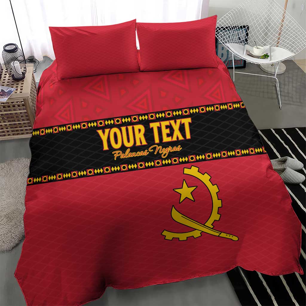 Red duvet cover set with two pillows featuring 'YOUR TEXT' and yellow Angola crest