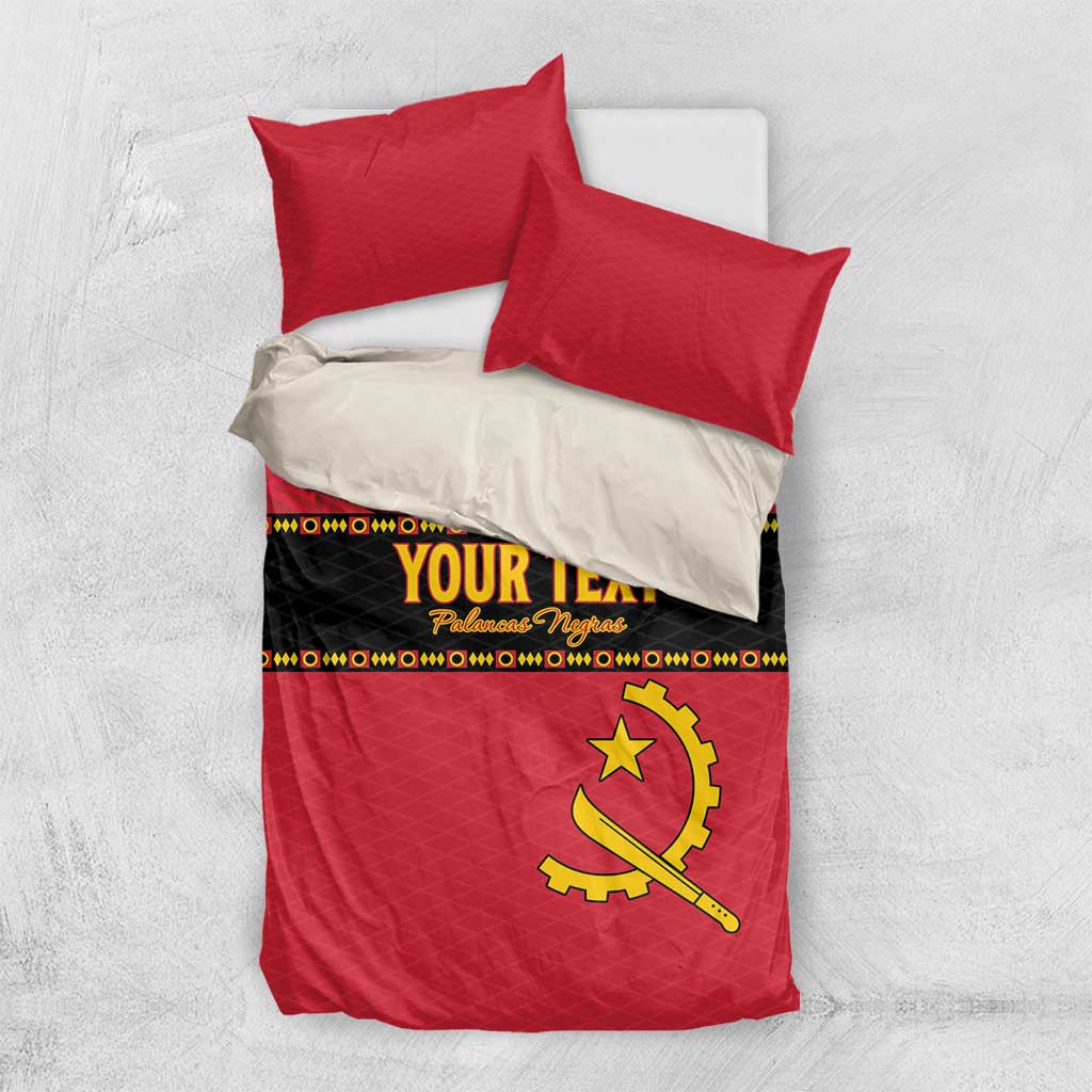 Red and black bedding set with two pillows, 'YOUR TEXT' band and yellow Angola crest