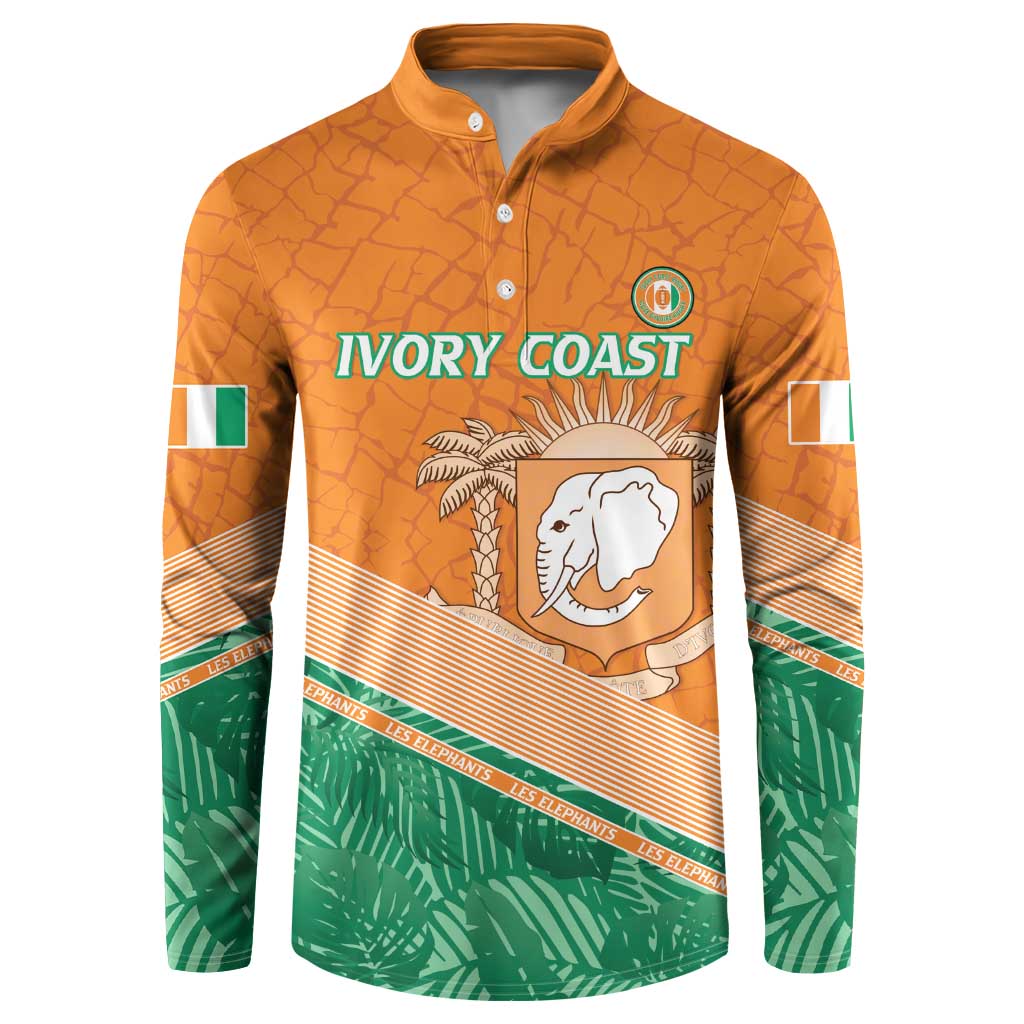 Orange rugby button sweatshirt with Ivory Coast crest and elephant graphic, long sleeves