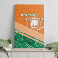 Rectangular orange canvas wall art with “IVORY COAST,” elephant illustration, green lower band.